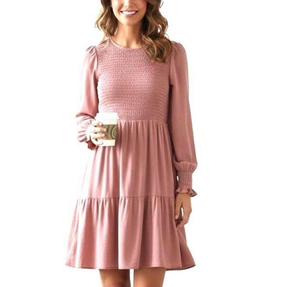Meroketty Mini Dress Womens S Pink Smocked Tiered Long Sleeve NWoT Flowy‎